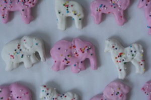 pink and white frosted circus animal crackers